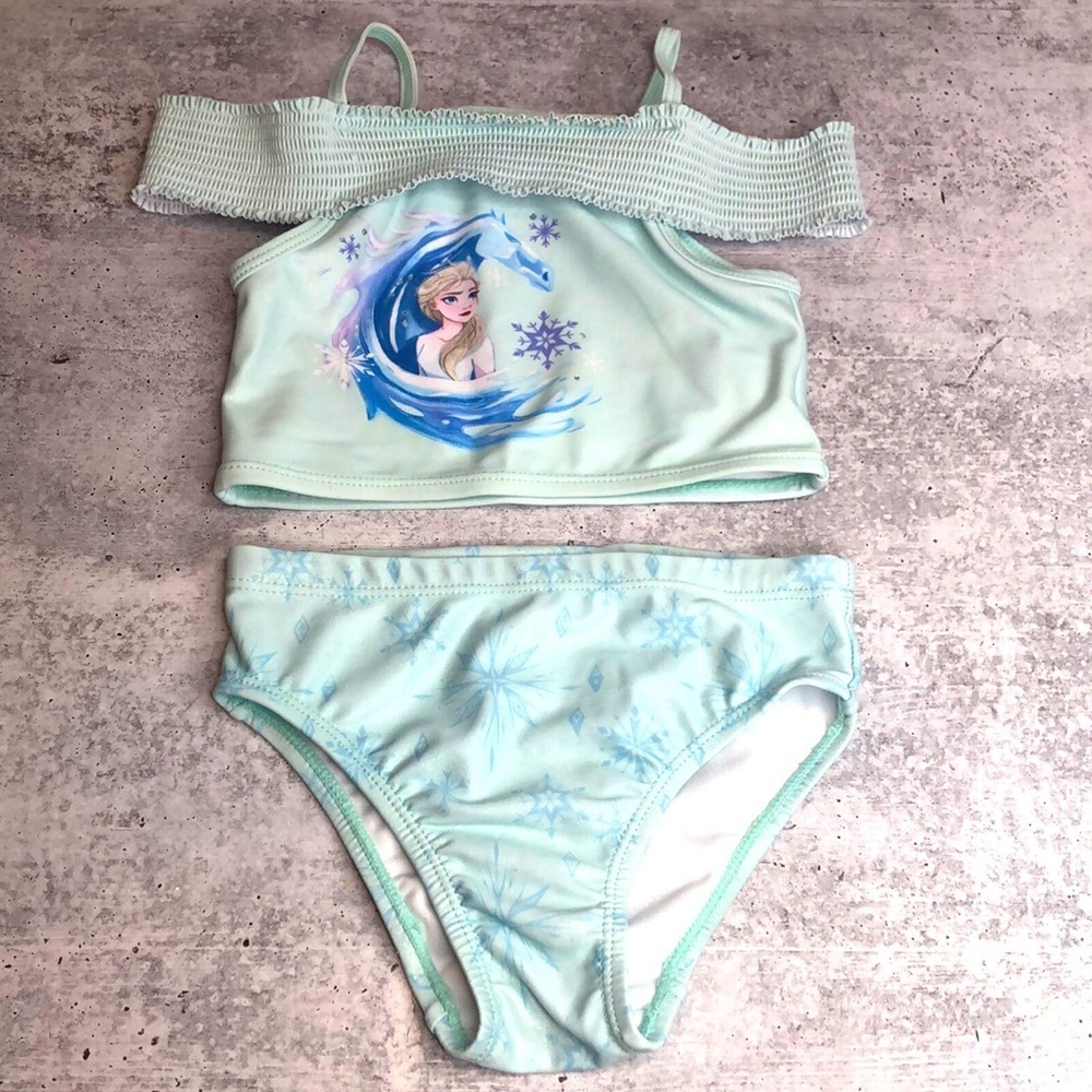 DISNEY Princess Elsa Frozen 2 piece bikini swimsuit Pale Teal Graphic Print Sz 4